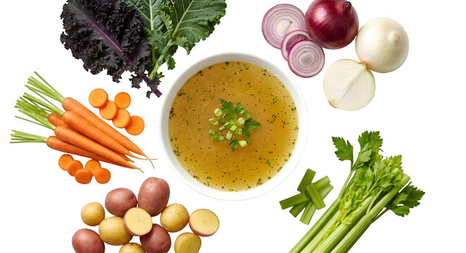 A top-down shot of a white bowl brimming with a nutritious vegetable broth, set against a white backdrop. Surrounding the bowl are vibrant veggies like carrots, kale, potatoes, celery, and onions.