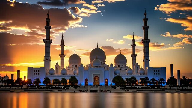 sheikh zayed grand mosque sunset reflection minarets domes abu dhabi waterfront