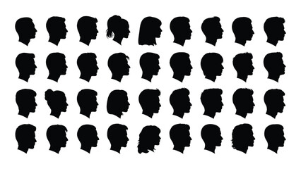 A collection of thirty black silhouette headshots on a white background
