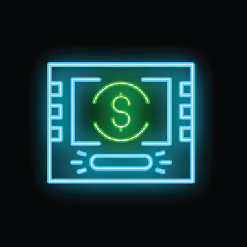 Neon atm machine glowing on a brick wall at night, concept of banking and finance