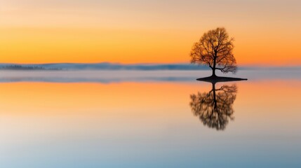 Naklejka premium Serene Sunrise Reflection of Lone Tree on Calm Water with Soft Pastel Sky and Misty Horizon