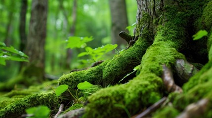 Fototapeta premium Lush Green Forest Floor with Moss-Covered Roots and Vibrant Leaves in Natural Sunlight