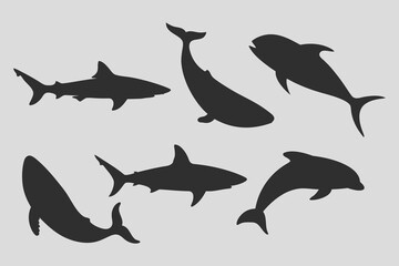 Naklejka premium Shark, dolphin, whale fish silhouette vector illustration. Fish tattoo on white background. Black and white fish vector on white background. Salmon fish sketch for coloring book