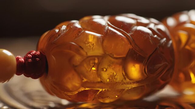 Close Up Of Amber Rosary Beads With Red Thread Detail And Natural Light Casting Warm Glow