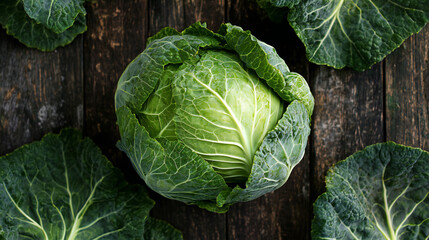 Obraz premium Fresh Green Cabbage with Surrounding Leaves on Rustic Wooden Surface
