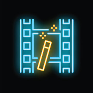 Neon icon of a magic wand creating a movie frame, symbolizing filmmaking and creativity