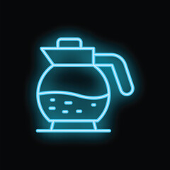 Fototapeta premium Blue neon sign of a coffee pot filled with coffee, glowing on a dark background, perfect for conveying a coffee shop atmosphere