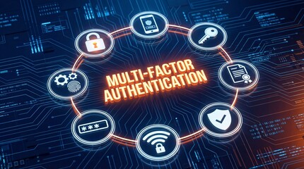 Obraz premium Multi factor authentication concept with icons on circuit board background cybersecurity and technology
