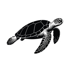 A striking black and white illustration of a sea turtle swimming © firoj