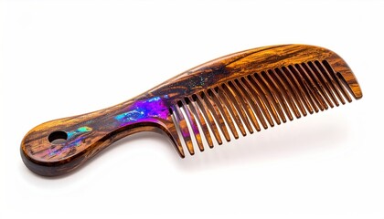 Obraz premium An angled close-up of a wooden comb with a shimmering, iridescent section