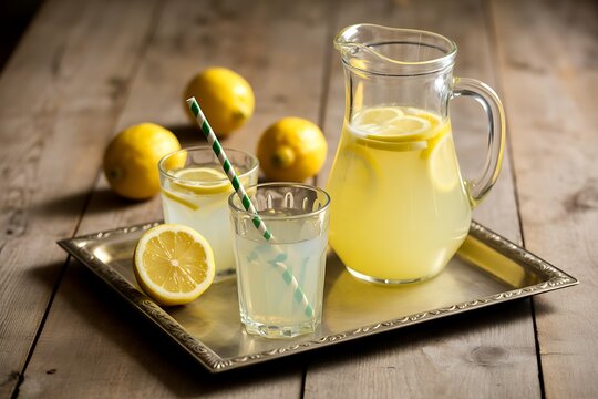 Freshly squeezed lemonade in a glass pitcher with lemon slices and glasses on a metal tray with lemons on a wooden table