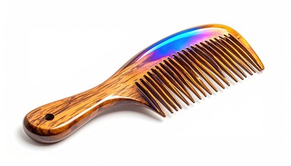 A wooden comb with a handle and fine teeth, set against a bright white background