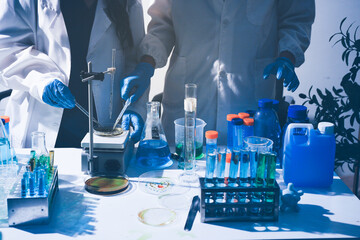 Fototapeta premium Science, laboratory and woman with pipette, test tube and biotech solution in research. Medical innovation, scientist or lab technician in study for healthcare, medicine and vaccine results feedback.
