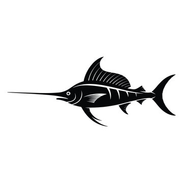 A striking black silhouette of a marlin swimming gracefully