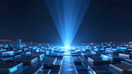 Obraz premium Futuristic Digital Data Pathway with Glowing Blue Cubes and Radiant Light Beams Leading Toward a Bright Central Point in a Tech-Themed 3d Render