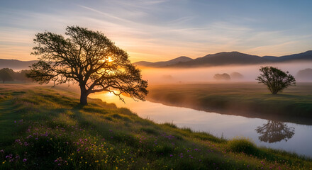 Fototapeta premium Golden Hour Sunrise Illuminates Mist-Covered River Valley with Majestic Oak Tree and Rolling Hills