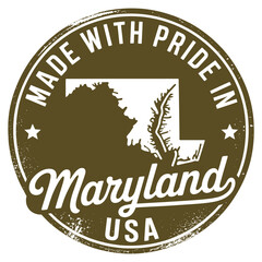A circular badge proclaiming products are made with pride in Maryland usa