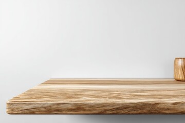 Fototapeta premium Angled shot of a wooden table against a white wall with a small wooden cup