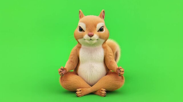 Cartoon Chipmunk Sitting Cross Legged on Vibrant Green Background.