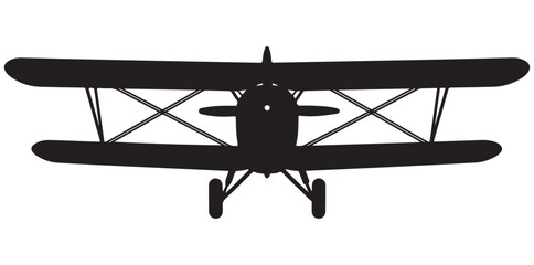 A black silhouette of a vintage biplane against a white background © THE VECTOR STATION 