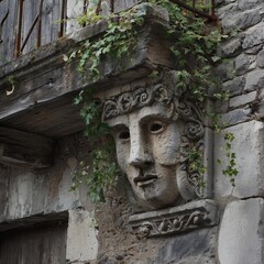 Obraz premium Ancient Stone Face Carving on Weathered Building Wall