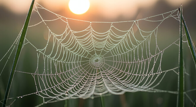 Close-up of a Dew-covered Spider Web in Morning Light.