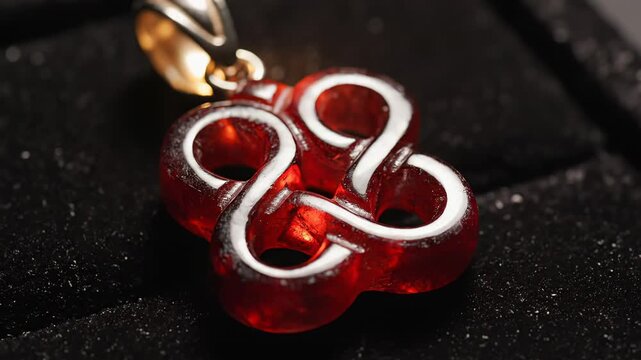 Intricate Red Gemstone Pendant With Gold Bail Rests On Black Velvet In Dramatic Lighting