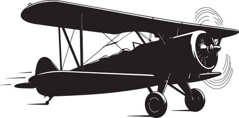 A black silhouette of a vintage biplane flying through the air in silhouette © THE VECTOR STATION 