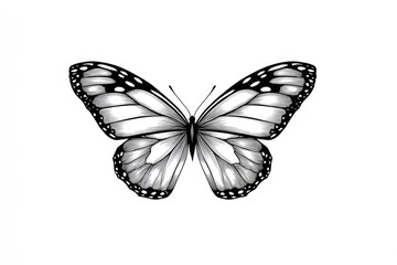 Obraz premium A monochromatic image of a butterfly with open wings, detailed shading, and a white background
