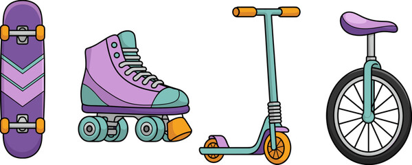 Kids outdoor ride set with skateboard, roller skate, kick scooter and unicycle, colorful recreational transport vector illustration isolatedKids outdoor ride  © Hello World