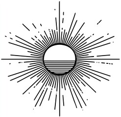 A black and white sunburst design with a circle divided by a horizontal line