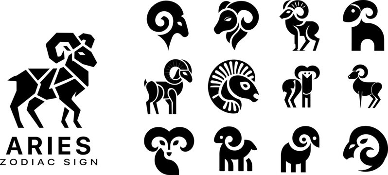 Aries zodiac sign creative icons set, geometric and organic ram silhouettes for astrology design