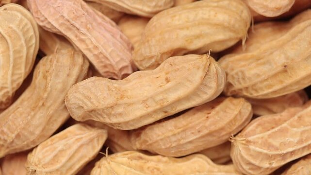 Top view of boiled whole peanuts in shell rotating slowly.