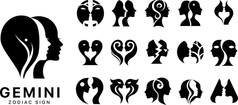 Gemini zodiac sign decorative silhouette icons, elegant twins astrology symbols with feminine profiles
