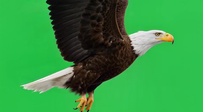 Majestic bald eagle in flight with expansive wings against bright green background.