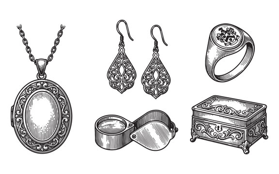 Jewelry set, locket, earrings, ring, box engraving vector illustration