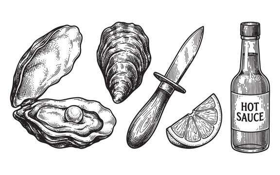 Oyster Set Title. Detailed Engraving of Open Oyster with Pearl, Closed Shells, Knife, Lemon Slice, and Sauce Jar