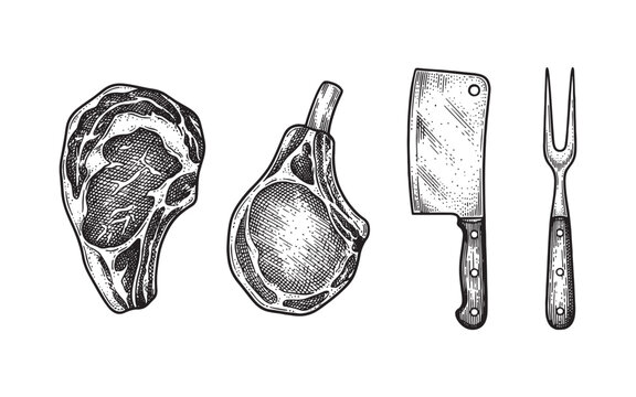 Lamb Chops and Tools Detailed Engraving of Prime Meat Chops, Butcher Cleaver, and Carving Fork