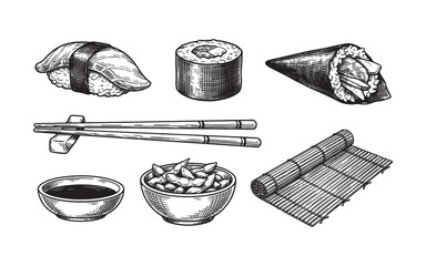 set of Japanese sushi including maki, nigiri, temaki, and chopsticks engraving vector illustration © trianatio