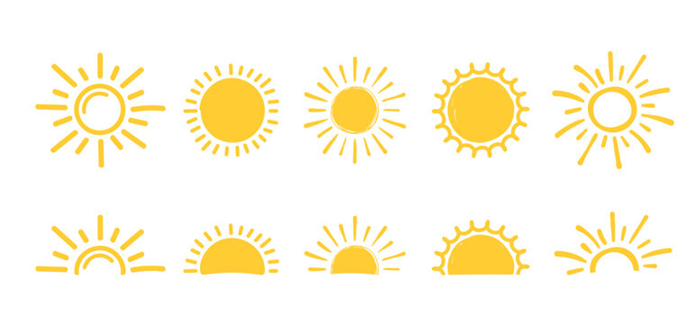 Set of hand drawn yellow sun illustrations, full and half sun designs