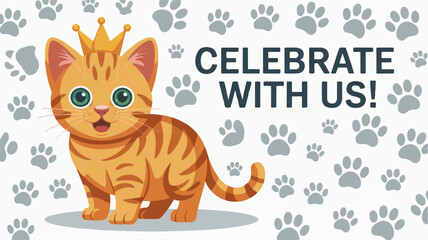 Playful orange cat with crown celebrates with paw prints background and festive text
