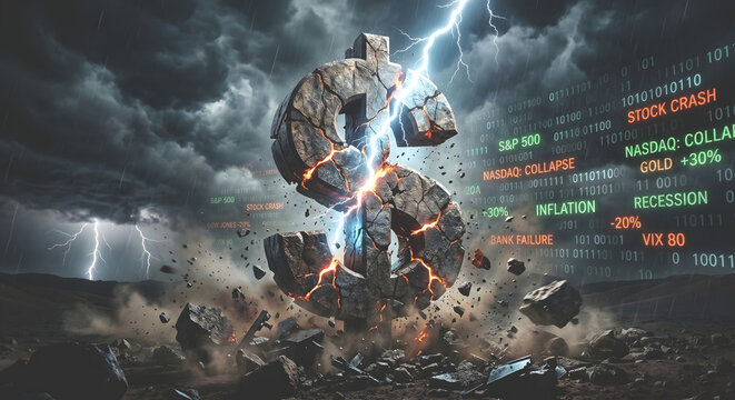 Conceptual image of a broken dollar symbol representing financial crisis, stock market crash, and economic recession.