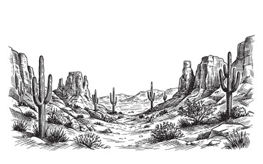 wild west desert landscape with saguaro cacti and mountains engraving vector illustration © trianatio