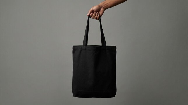 Hand holding blank black canvas tote bag mockup on dark grey background