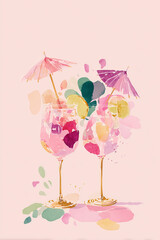 Two elegant wine glasses filled with pink cocktails adorned with colorful hearts and small umbrellas, set against a soft pink background.