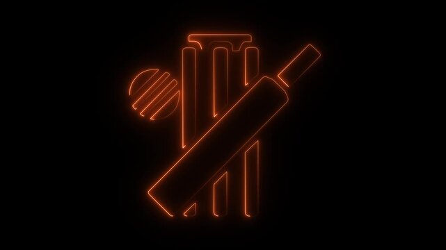 Glowing neon cricket icon isolated on black background. Motion graphics of cricket tools icon