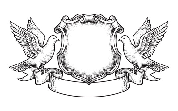 coat of arms featuring a blank shield flanked by two flying doves and a ribbon banner engraving vector illustration