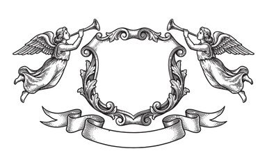 coat of arms featuring a blank shield supported by two flying angels blowing trumpets and a ribbon banner engraving vector illustration © trianatio