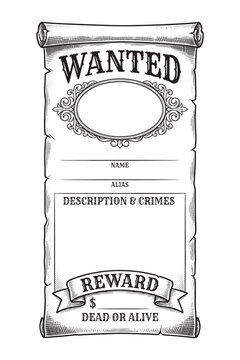 Wild west vintage blank wanted poster template with a decorative border and reward text engraving vector illustration