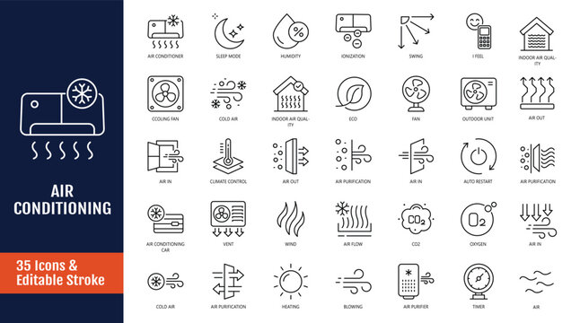 Air Conditioning icon set. Icons related to Air Conditioner, Cooling, Blower Fan, Duct System, Heat Pump, Evaporator Coil and more. Outline icon with Editable stroke. Vector illustration